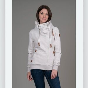 Wanakome Hestia Side Zip Cowl Neck Drawstring Jacket Terry Oatmeal & Green Sz M